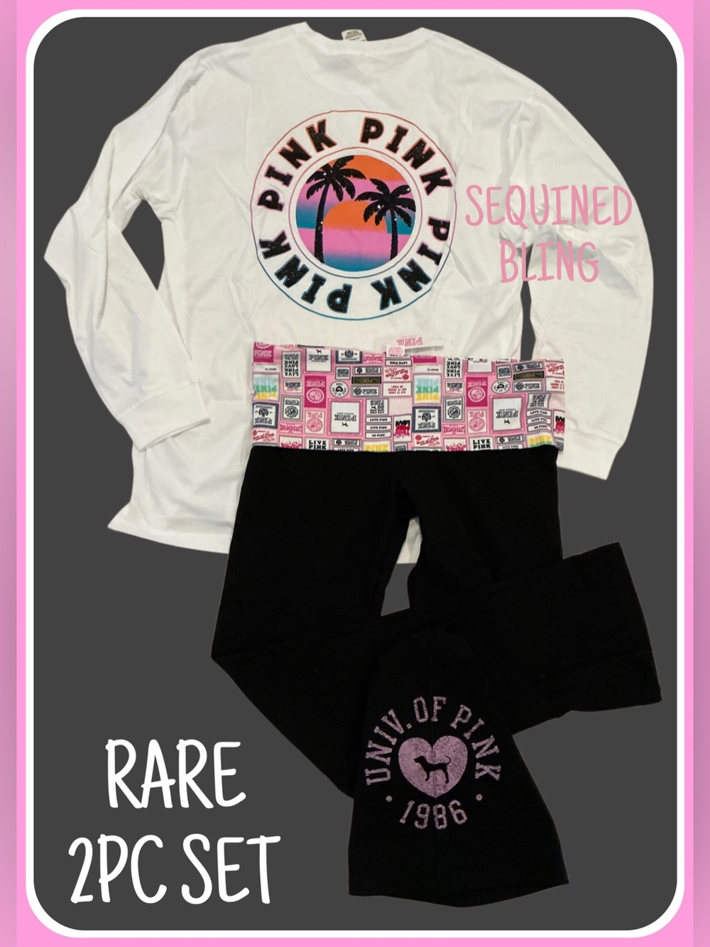 NEW VICTORIAS SECRET PINK SEQUIN BLING CAMPUS SHIRT & FLARE LEGGINGS 2PC SET